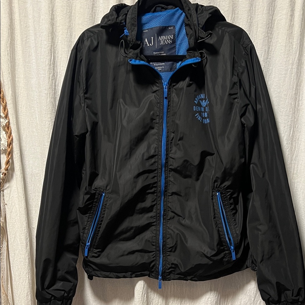 Armani Jeans Black Windbreaker with Blue Accents and Hood